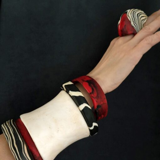 Vegan Ivory, Red & Zebra Bangle Stack Size M to L (Set of 5) - Image 2