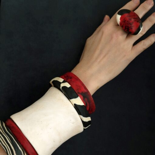 Vegan Ivory, Red & Zebra Bangle Stack Size M to L (Set of 5) - Image 3