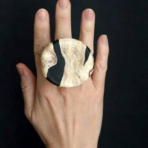 Vegan Ivory & Black Ring Size 7