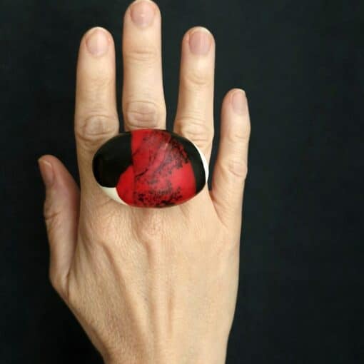 Red, Black and Vegan Ivory Ring Size 7