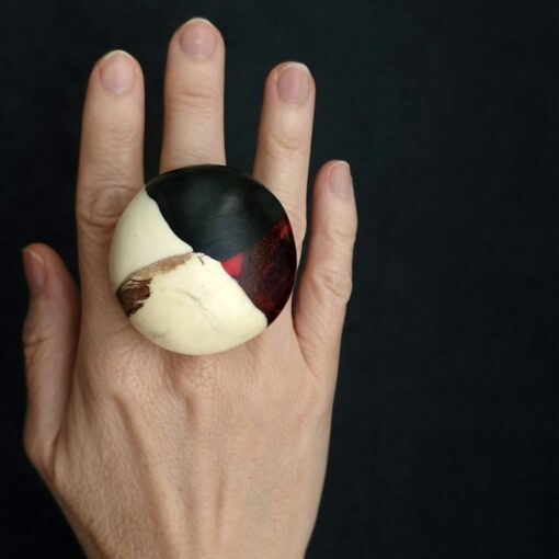 Red, Black and Vegan Ivory Ring Size 7.5