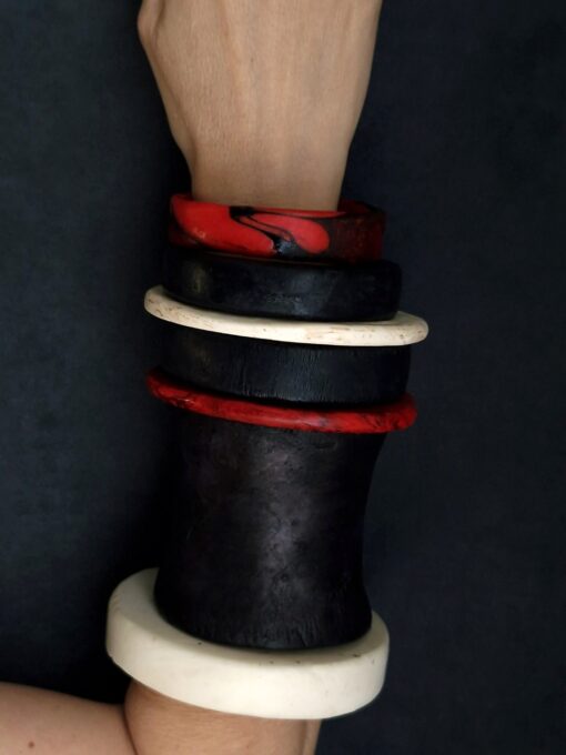 Vegan Ivory, Black & Red Bangle Stack Size S - M (Set of 7) - Image 3