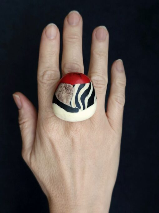 Vegan Ivory, Red & Zebra Ring Size 7.5