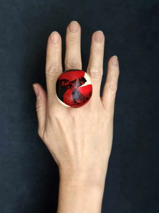 Red, Vegan Ivory & Black Ring Size 7.5