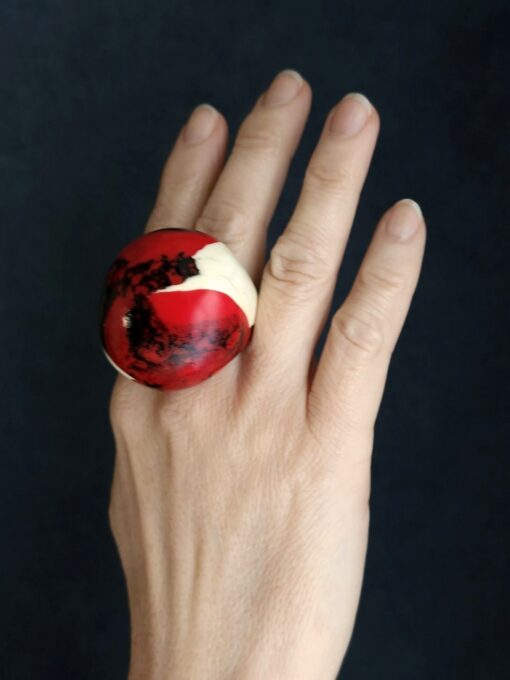 Red, Vegan Ivory & Black Ring Size 7.5 - Image 2