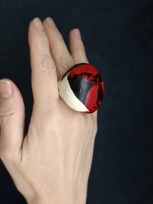 Red, Vegan Ivory & Black Ring Size 7.5 - Image 3