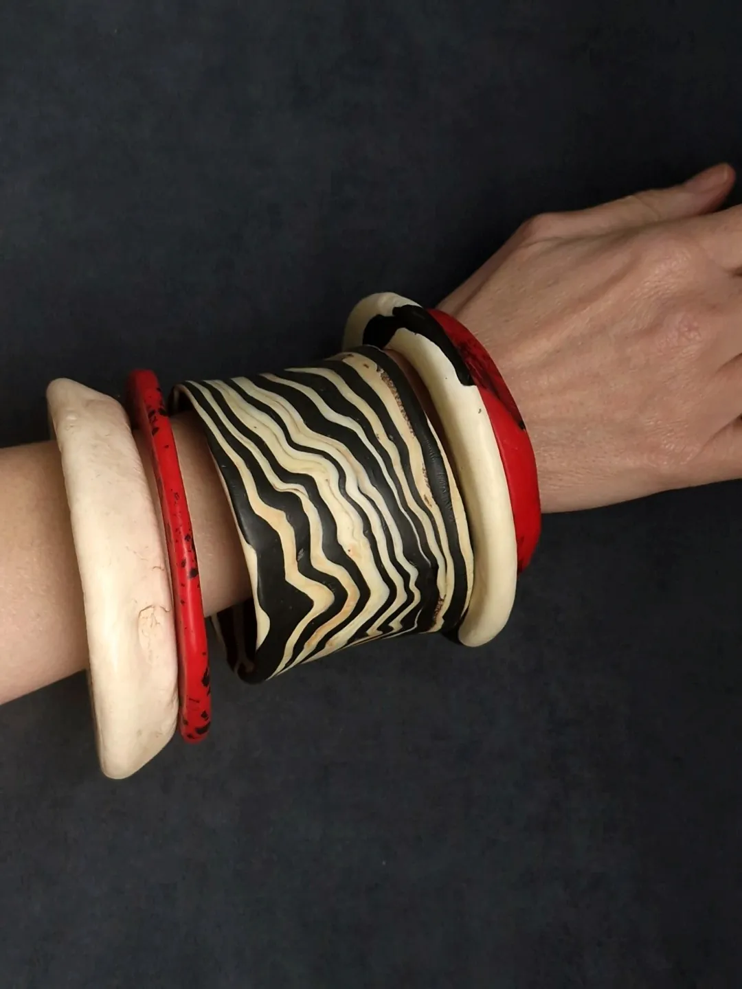 Vegan Ivory, Black & Red Bangle Set (Set of 5) - Size L - XL