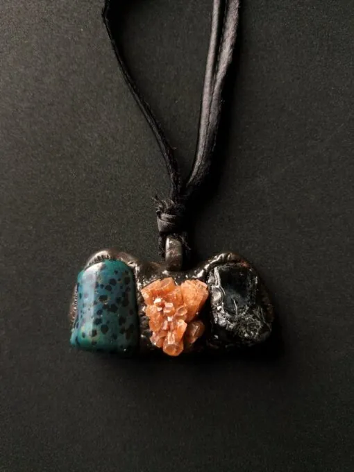 Green Dalmation Jasper Stone, Aragonite & Black Obsidian Necklace (Adjustable Length)