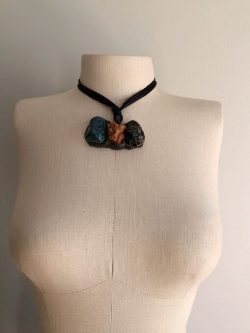 Green Dalmation Jasper Stone, Aragonite & Black Obsidian Necklace (Adjustable Length) - Image 4