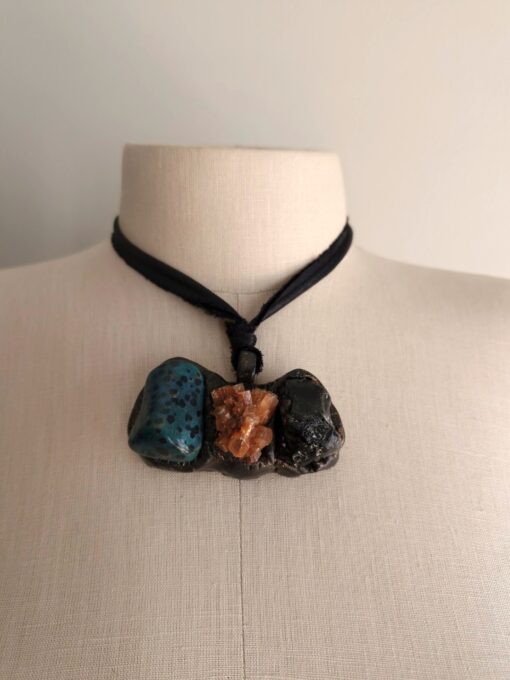 Green Dalmation Jasper Stone, Aragonite & Black Obsidian Necklace (Adjustable Length) - Image 3