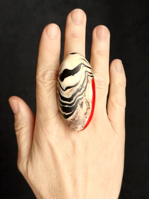 Vegan Ivory, Red & Black Ring - Size 6 - Image 3