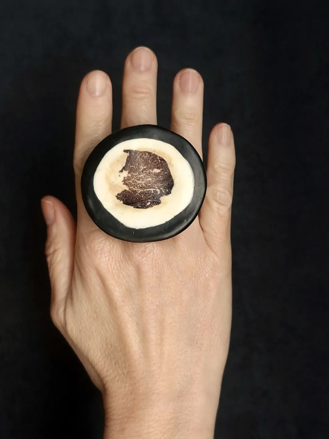 Vegan Ivory & Black Ring - Size 7.5 - Image 2