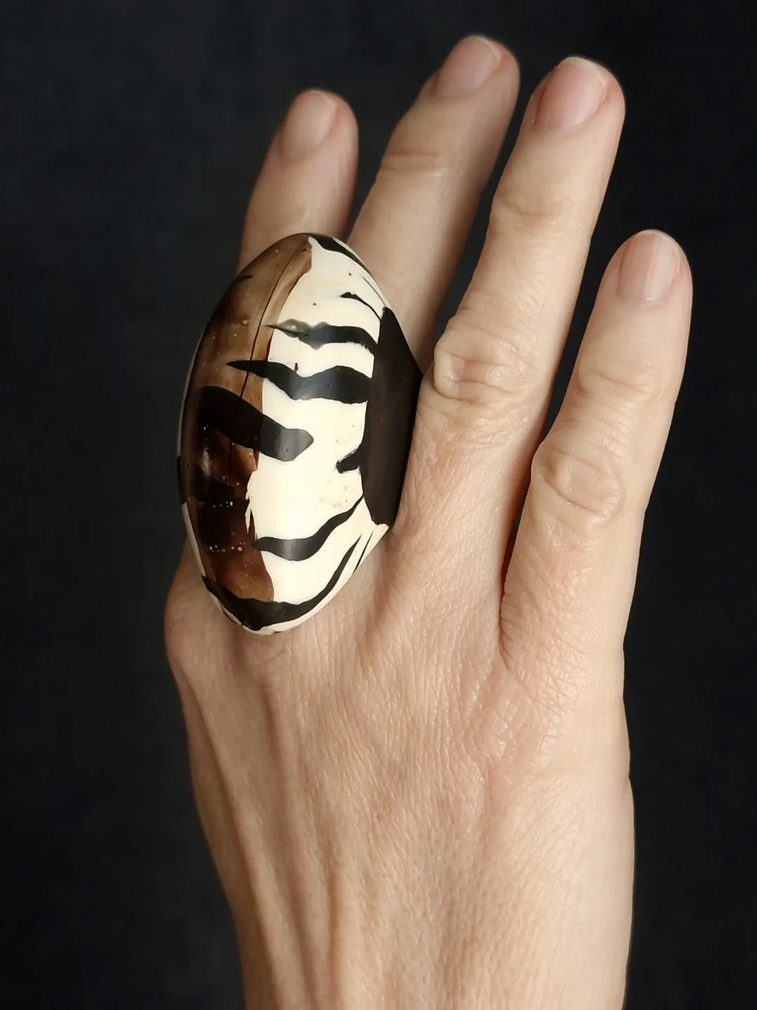 Vegan Ivory & Black Ring - Size 8.5 - Image 3