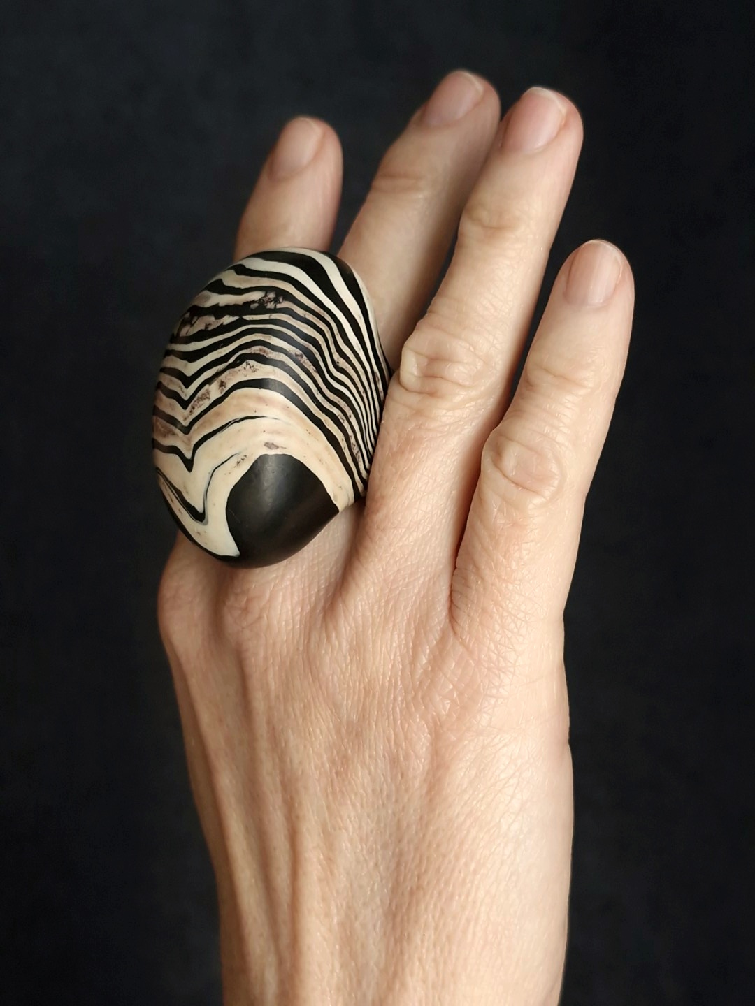 Vegan Ivory & Black Ring - Size 8 - Image 3