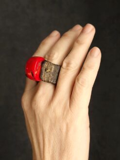 Alternative view of Red Coral & Black Spin Ring - Size 6.5