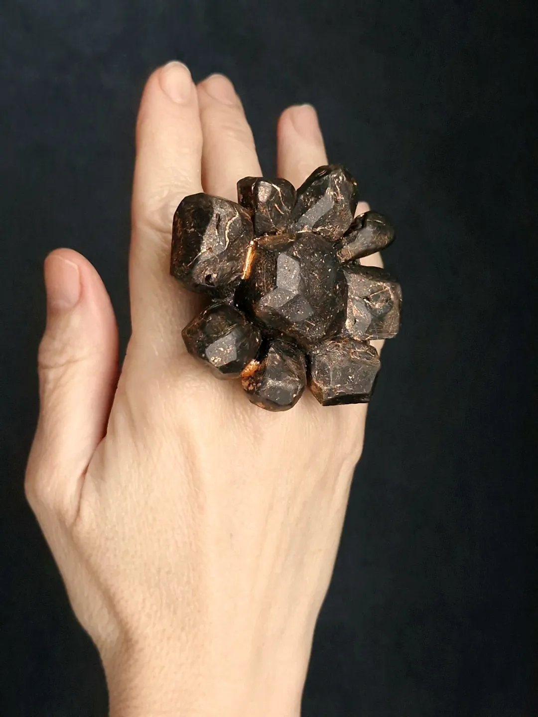 Black with Gold Sheen Flower Ring - Size 8 - Image 2