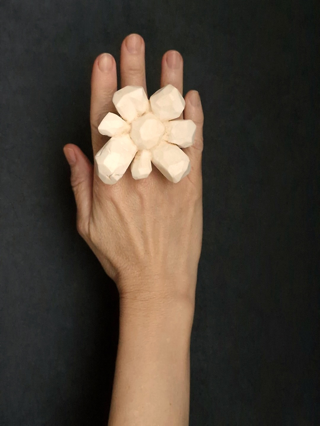 Vegan Ivory & Black Flower Ring - Size 8.5
