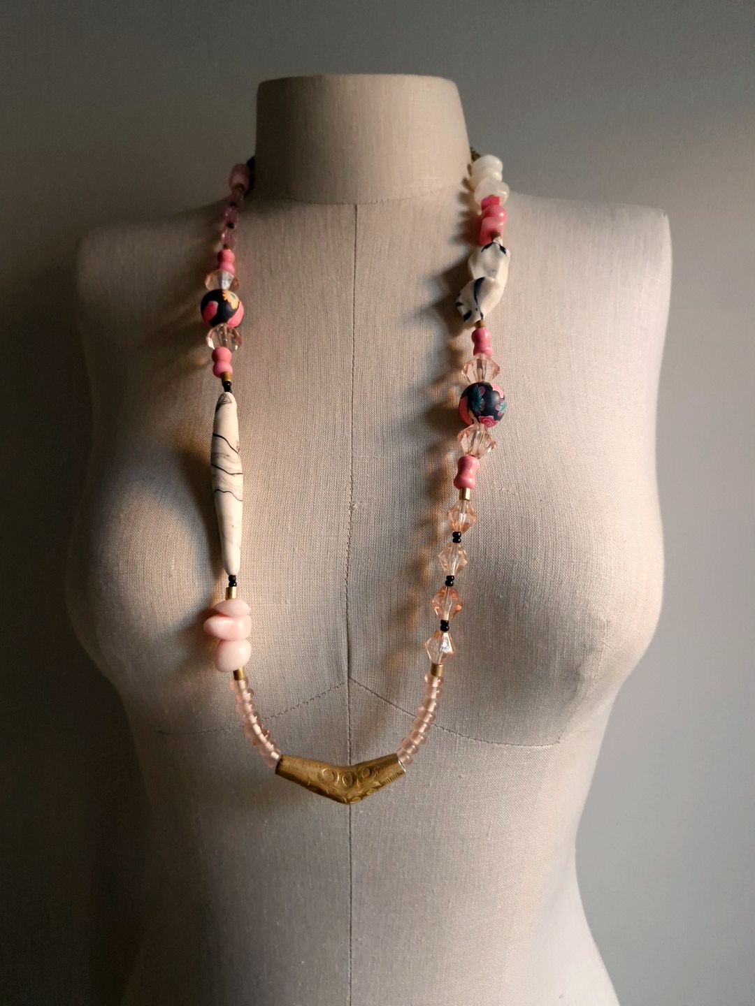 Pink & White Necklace with Nickel-Free Gold Plated Bead - Image 4