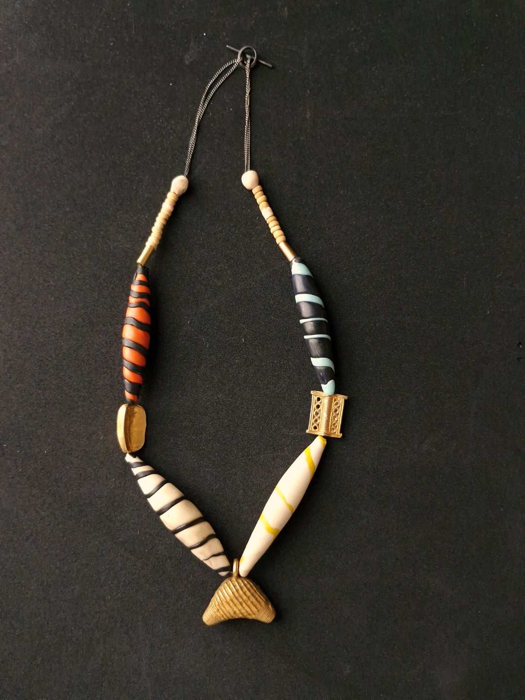 White, Black, Orange, Yellow & Blue Necklace with Nickel-Free Gold Plated Pendant