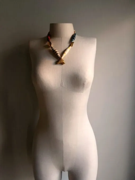White, Black, Orange, Yellow & Blue Necklace with Nickel-Free Gold Plated Pendant - Image 2