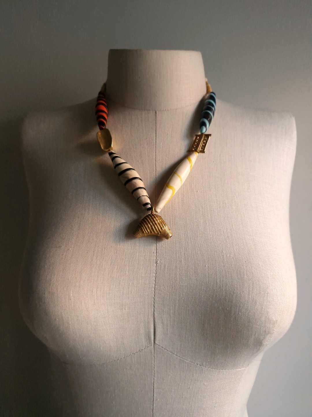 White, Black, Orange, Yellow & Blue Necklace with Nickel-Free Gold Plated Pendant - Image 3