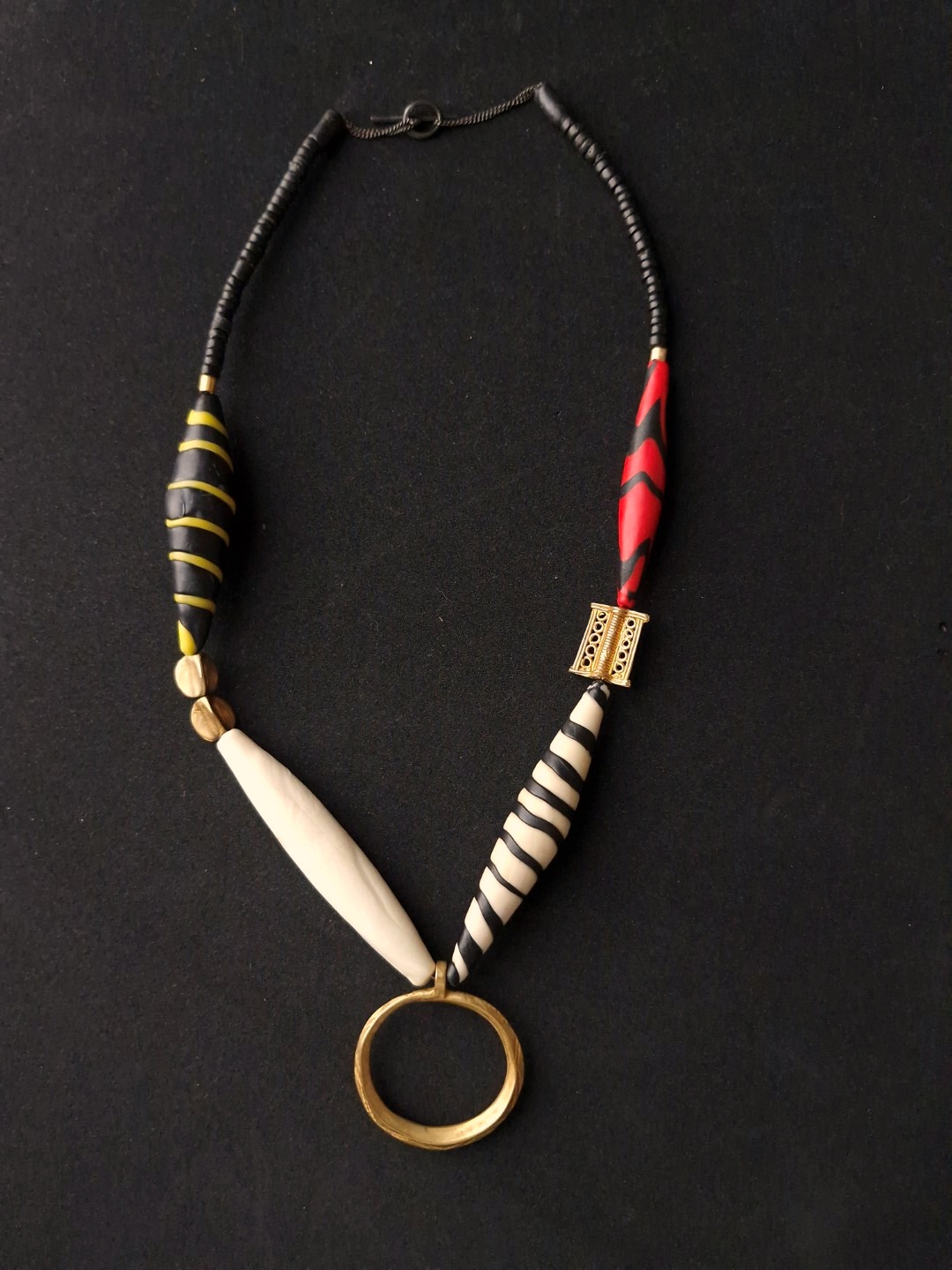 White, Black, Red & Yellow Necklace with Nickel-Free Gold Plated Pendant