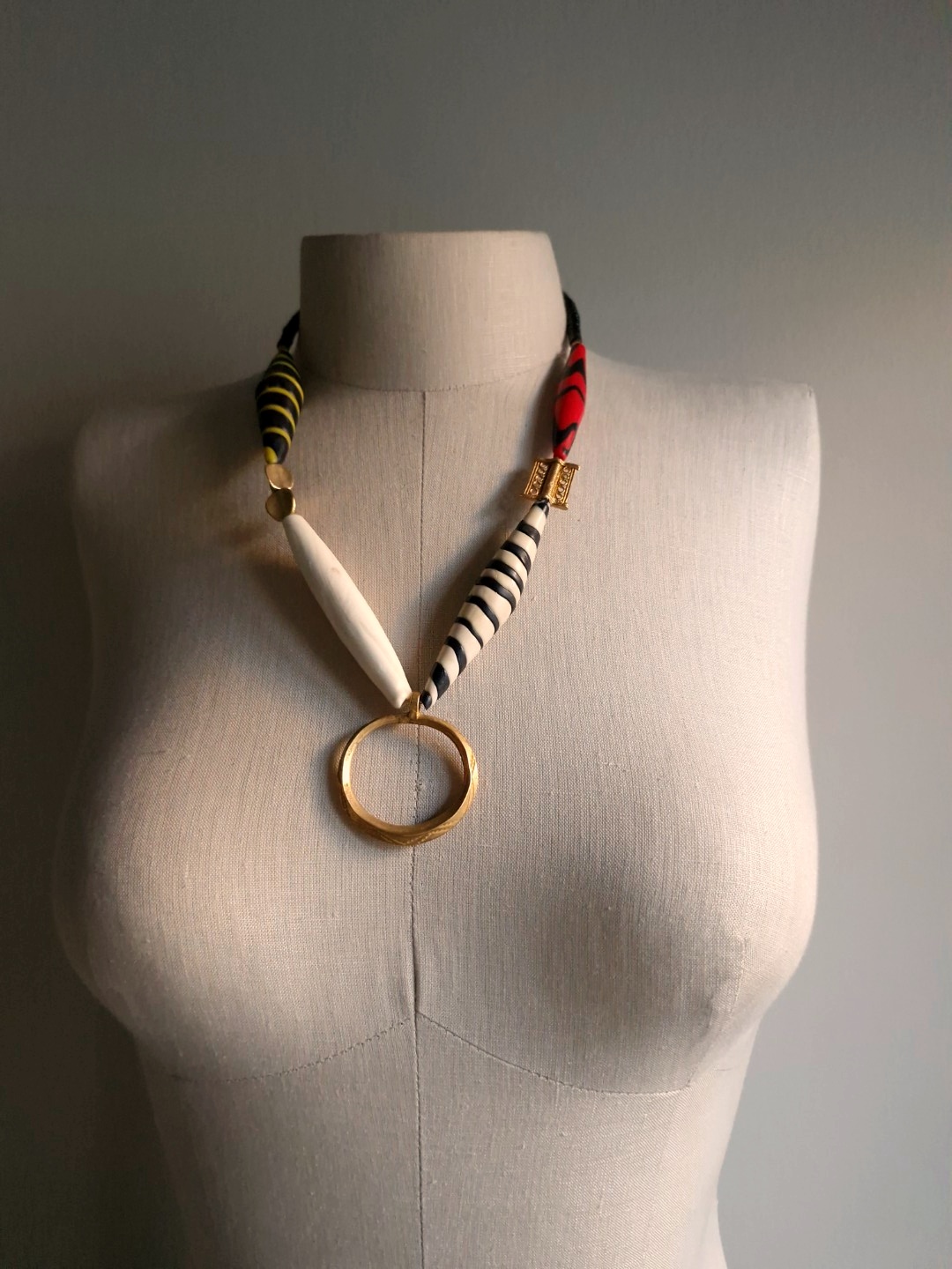 White, Black, Red & Yellow Necklace with Nickel-Free Gold Plated Pendant - Image 3