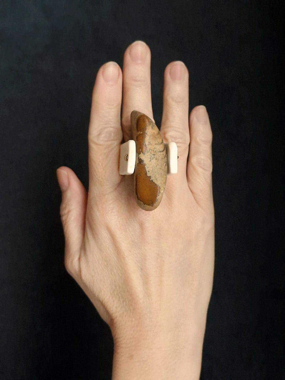 Striped Riverstone & Vegan Ivory Spin Ring - Size 8.5 - Image 2