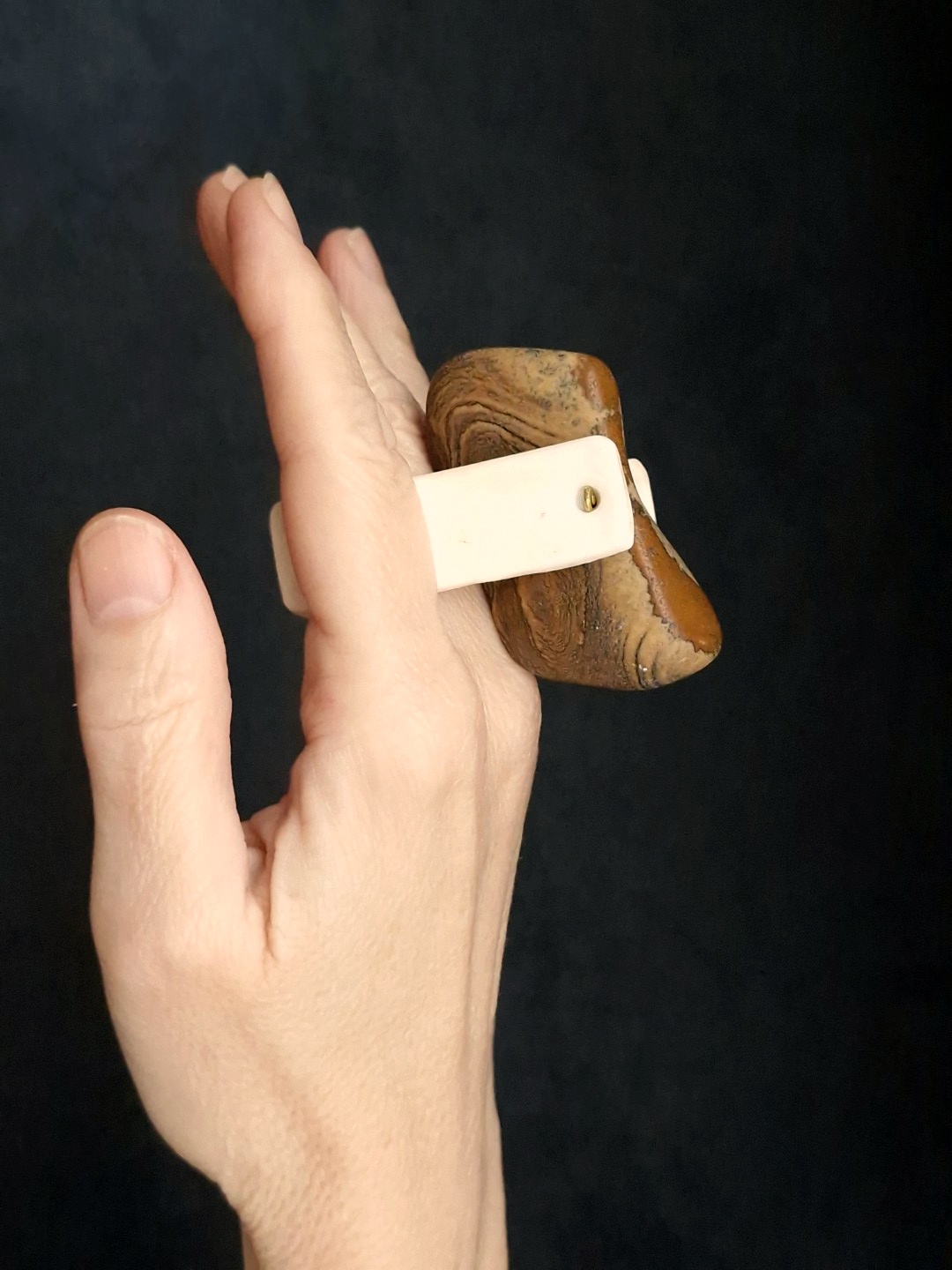 Striped Riverstone & Vegan Ivory Spin Ring - Size 8.5 - Image 3