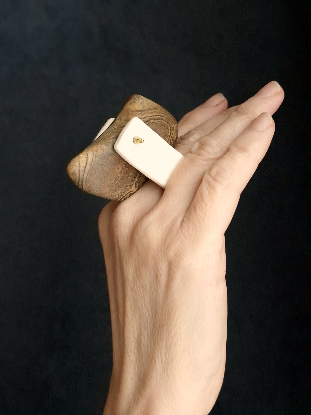 Striped Riverstone & Vegan Ivory Spin Ring - Size 8.5 - Image 5