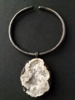 Alternative view of Quartz Geode Pendant on Black with Gold Sheen Collar Necklace - Adjustable Size
