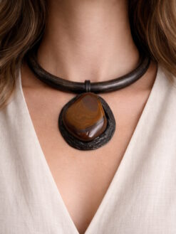 Tiger's Eye Pendant on Black with Gold Sheen Collar Necklace - Adjustable Size