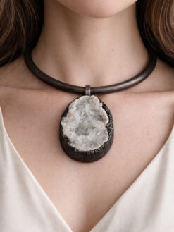 Quartz Geode Pendant on Black with Gold Sheen Collar Necklace - Adjustable Size