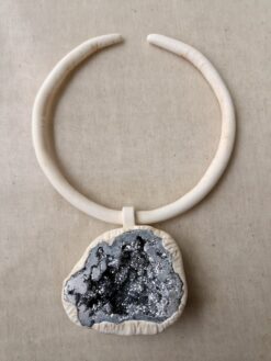 Alternative view of Vegan Ivory Collar Necklace with Silver Aura Quartz Pendant - Adjustable Size