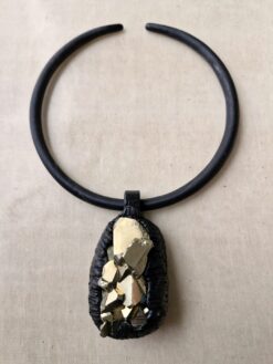Alternative view of Black Collar Necklace with Pyrite Stone Pendant - Adjustable Size