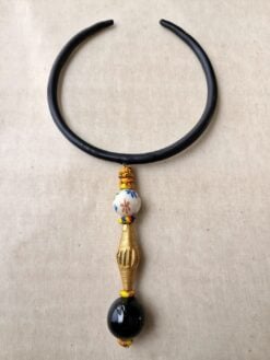 Alternative view of Black Collar Necklace with Nickle-Free Gold Plated & Multicolored Bead Pendant - Adjustable Size