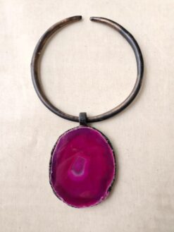 Alternative view of Black Collar Necklace with Pink Sliced Agate Pendant - Adjustable Size