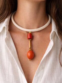Vegan Ivory Collar Necklace with Orange & Yellow Pendant - Adjustable Size
