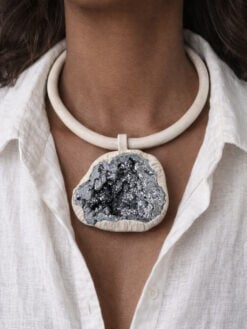 Vegan Ivory Collar Necklace with Silver Aura Quartz Pendant - Adjustable Size