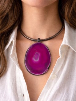 Black Collar Necklace with Pink Sliced Agate Pendant - Adjustable Size