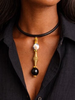 Black Collar Necklace with Nickle-Free Gold Plated & Multicolored Bead Pendant - Adjustable Size
