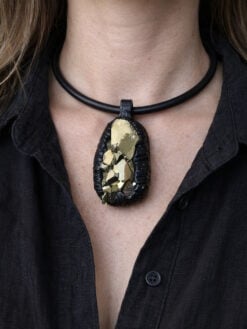 Black Collar Necklace with Pyrite Stone Pendant - Adjustable Size