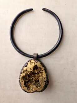 Alternative view of Black Collar Necklace with Gold Aura Quartz Pendant - Adjustable Size