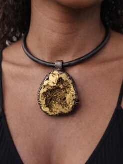 Black Collar Necklace with Gold Aura Quartz Pendant - Adjustable Size