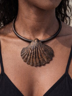 Black with Gold Sheen Collar Necklace with Faux Shell - Adjustable Size