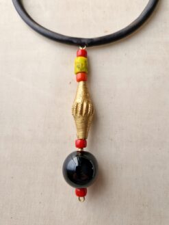 Alternative view of Black Collar Necklace with Multicolored Bead Pendant - Adjustable Size