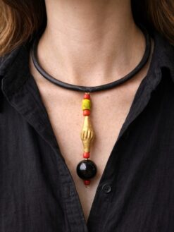 Black Collar Necklace with Multicolored Bead Pendant - Adjustable Size