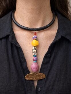 Black Collar Necklace with Multicolored Bead Pendant - Adjustable Size