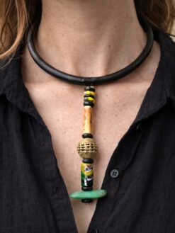 Black Collar Necklace with Black & Yellow Bead Pendant - Adjustable Size