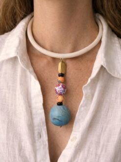 Vegan Ivory Collar Necklace with Multicolored Bead Pendant - Adjustable Size